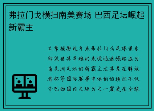 弗拉门戈横扫南美赛场 巴西足坛崛起新霸主
